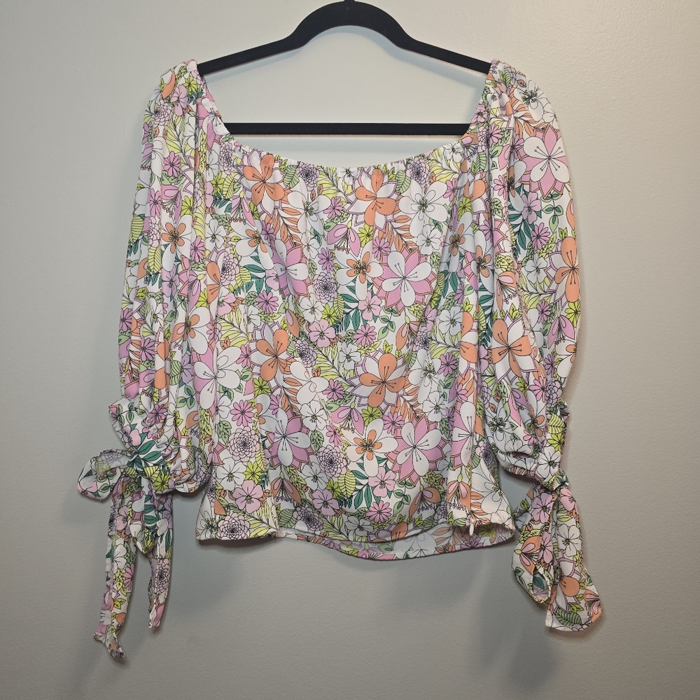 Cece Floral Blouse Off Shoulder Flutter Sleeves Size Large Ponk Green Orange